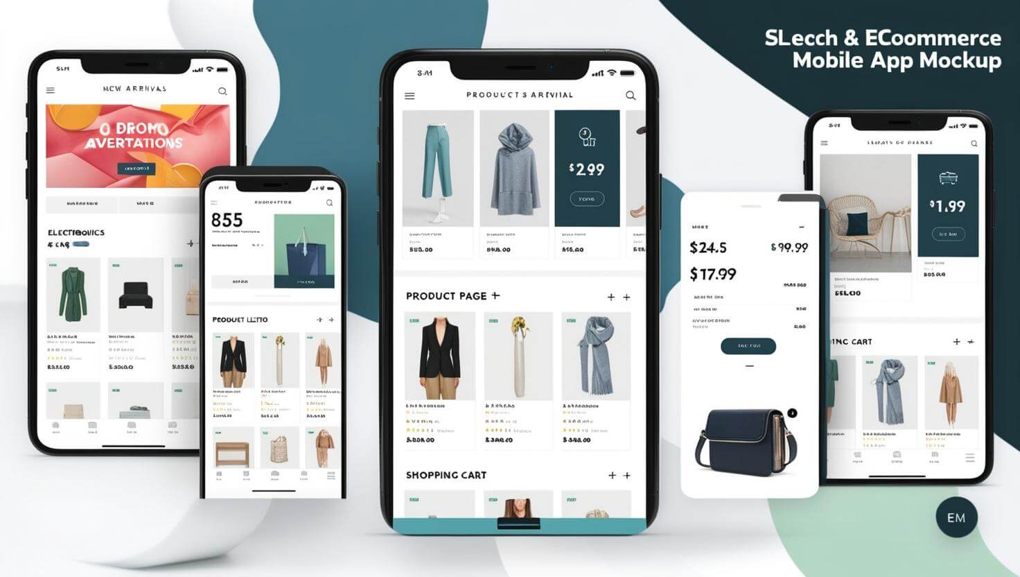 eCommerce mobile app mockup. The app should feature a clean intuitive user interface with a focus on ease of navigation. Include a homepage showcasing a banner for promotions or new arrivals a search Emiratron | Premium Digital Solutions for Web, Mobile, and Marketing Excellence in Dubai